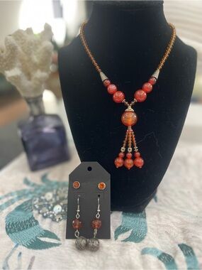 Brand New! Vintage Orange Beaded Tassel Necklace and Two Pair Earrings Set